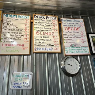 Coffee menu