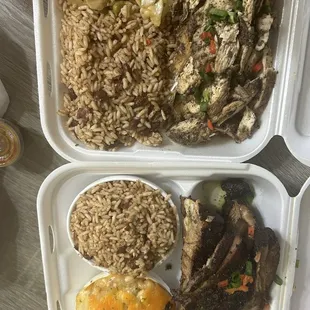 Jerk chicken plate and jerk ribs plate