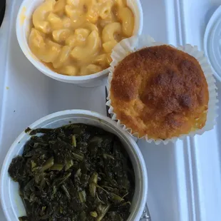Mac &amp; cheese, greens, and cornbread. Delish!