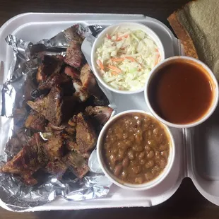 Rib Tips, Baked Beans, Cole Slaw and Spicy BBQ Sauce