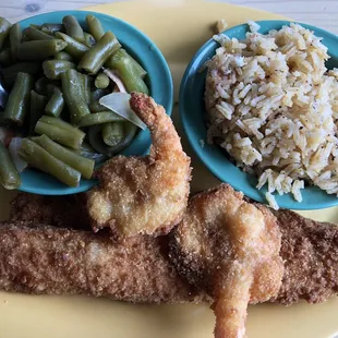 Lunch Fish &amp; Shrimp plate, drink included for only $8.49 plus tax.