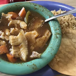 Fish Soup with Cajun Rice and a Tostada on the side.