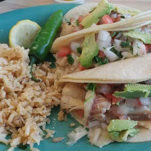 Fish taco plate. You don't get a choice between fried or grilled. There also isn't any type of sauce for these so I used regular salsa.