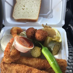 Fish and Shrimp Dinner with Stewed Vegetables and Coleslaw . . .