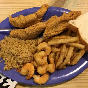 Catfish and shrimp plate with two sides