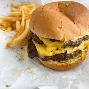 a hamburger and french fries