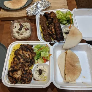 Chicken Steak dinner, mixed kebob platter, and baba ghanoush.