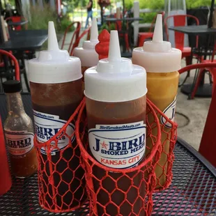 Some of the many house barbecue sauces.  My favorites are the Kansas City and Memphis.