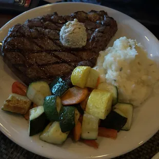Ribeye with assorted veggies and sour cream and chive mashed potatoes