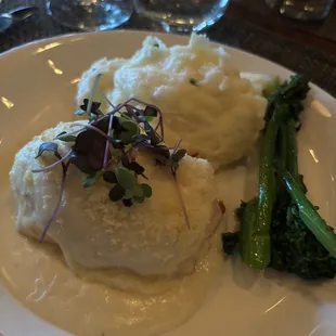 Stuffed chicken with brocollini and sour cream and chive mashed potatoes