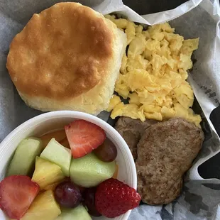 Turkey Sausage, Fruit, Biscuit, Eggs