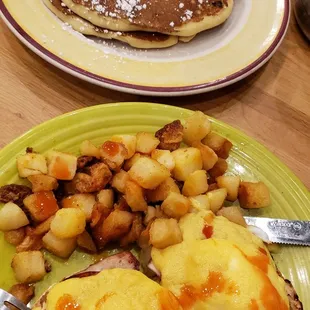 Chocolate chip pancakes and Christopher&apos;s Benedict