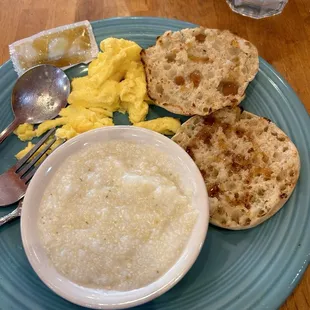 Grits, eggs, English muffin.