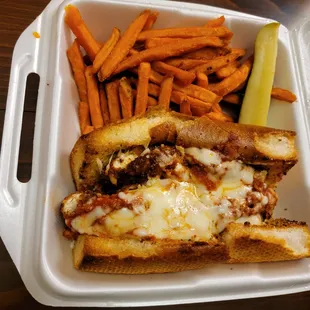 Chicken parm with sweet potato fries.