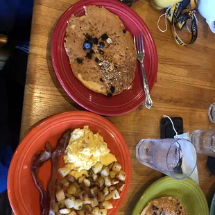 pantry feast blueberry crunch pancake scrambled eggs bacon strips potatoes