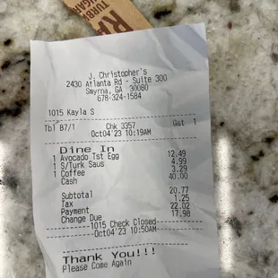 a receipt for a restaurant