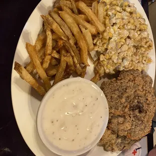 Large chicken fried steak, codycorn, fries and white gravy