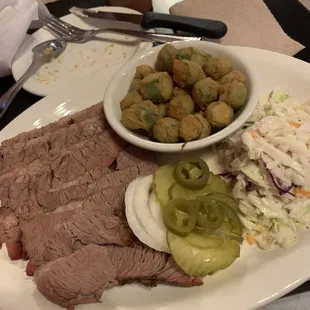 Brisket, coleslaw, and fried okra