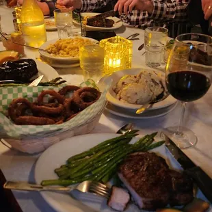 Pork Chop, Onion Rings, Mashed Potatoes, Mac and Cheese
