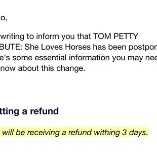 Email from JD Legends stating I&apos;d be receiving a refund within 3 days.
