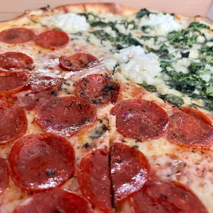 1/2 pepperoni 1/2 spinach garlic ricotta pizza