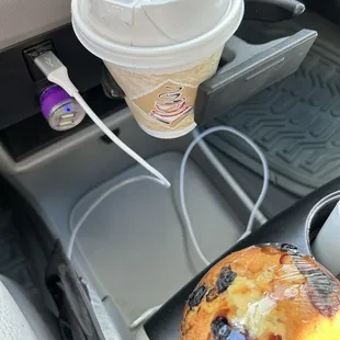 Regular latte with almond milk and vanilla syrup and the blueberry muffin.