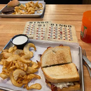 Bacon and Avocado Grilled Cheese Sandwich with sidewinders