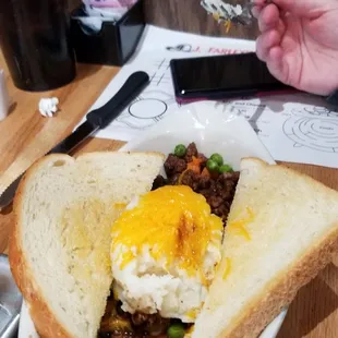 Shepherds pie, but with toast. They were out of the bread bowls.