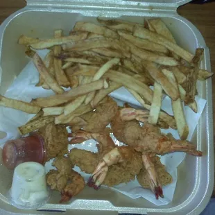 Shrimp dinner with a double order of fries for about $10.