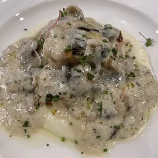 Sea scallops with creamy mushroom sauce and truffle mashed potatoes.