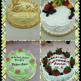 Variety of Asian baked goods and wedding, birthday cakes.