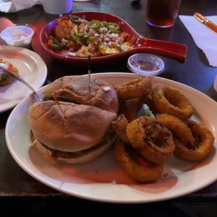 J Gilligan&apos;s awesome burger with incredible onion rings