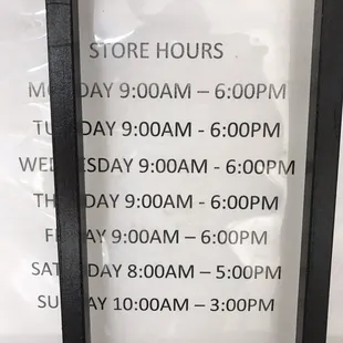 Store hours as of 11/5/2016