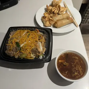 Hot n sour soup, lo mein, egg rolls, and Rangoons