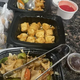 Take out fried tofu, drunken noodles and sweet &amp; sour chicken.