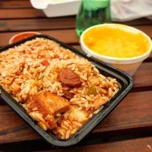 Jambalaya had no flavor and was watery and the mac and cheese was something i used to eat when i was in acorn projects