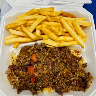 Bulgogi w/ rice &amp; fries (can also choose salad). This place is so good! Legit bulgogi, esp. since the owners are Korean.