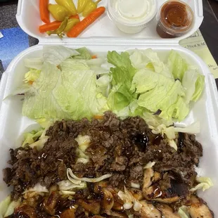 Chicken and beef w/ salad and rice