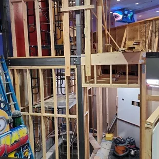Framing for elevator at Chuck E. Cheese in San Jose.