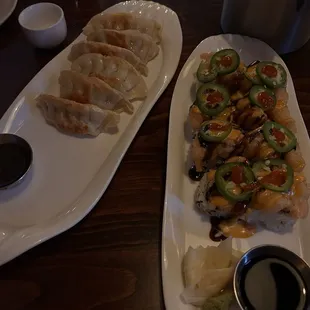 Potstickers and dynamite roll
