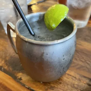 Blueberry mule in a silver mug.