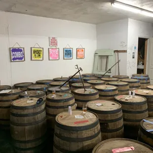 a room full of barrels