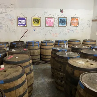 a room full of barrels