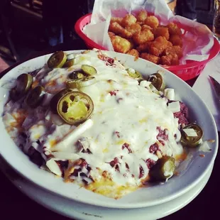 The massive chili burger! Its so large the side of tater tots has its own basket.