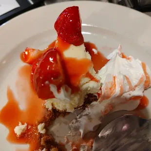 ows a slice of cheesecake with whipped cream and strawberries
