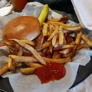 Bacon cheeseburger with home cut fries.