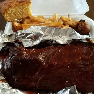 Baby back ribs, french fries, hush puppies, &amp; cornbread like Grandma used to make!