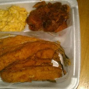 Fried Lake Trout dinner, mac &amp; cheese, candied yams $12.99
