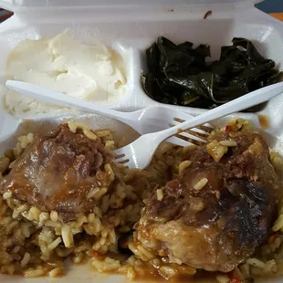 So good!!! Oxtail and gravy!!!!! Greens and mashed potatoes!!!