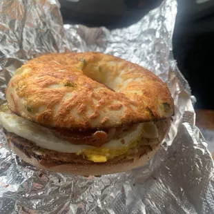 Bacon egg and cheese on Jalapeño cheddar.